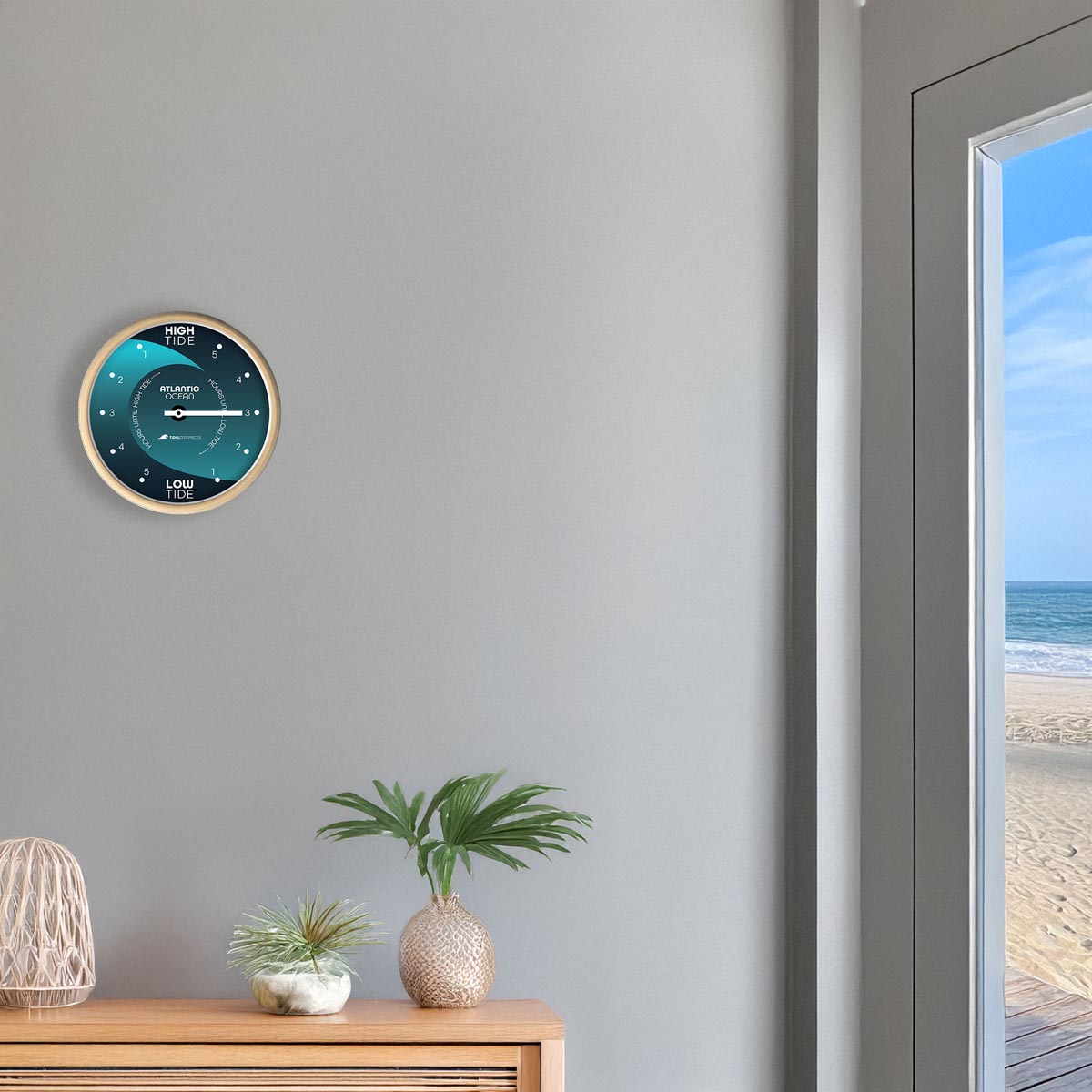 Tidal Timepieces Dark & Stormy Swell tide clock in an entryway of a coastal home.