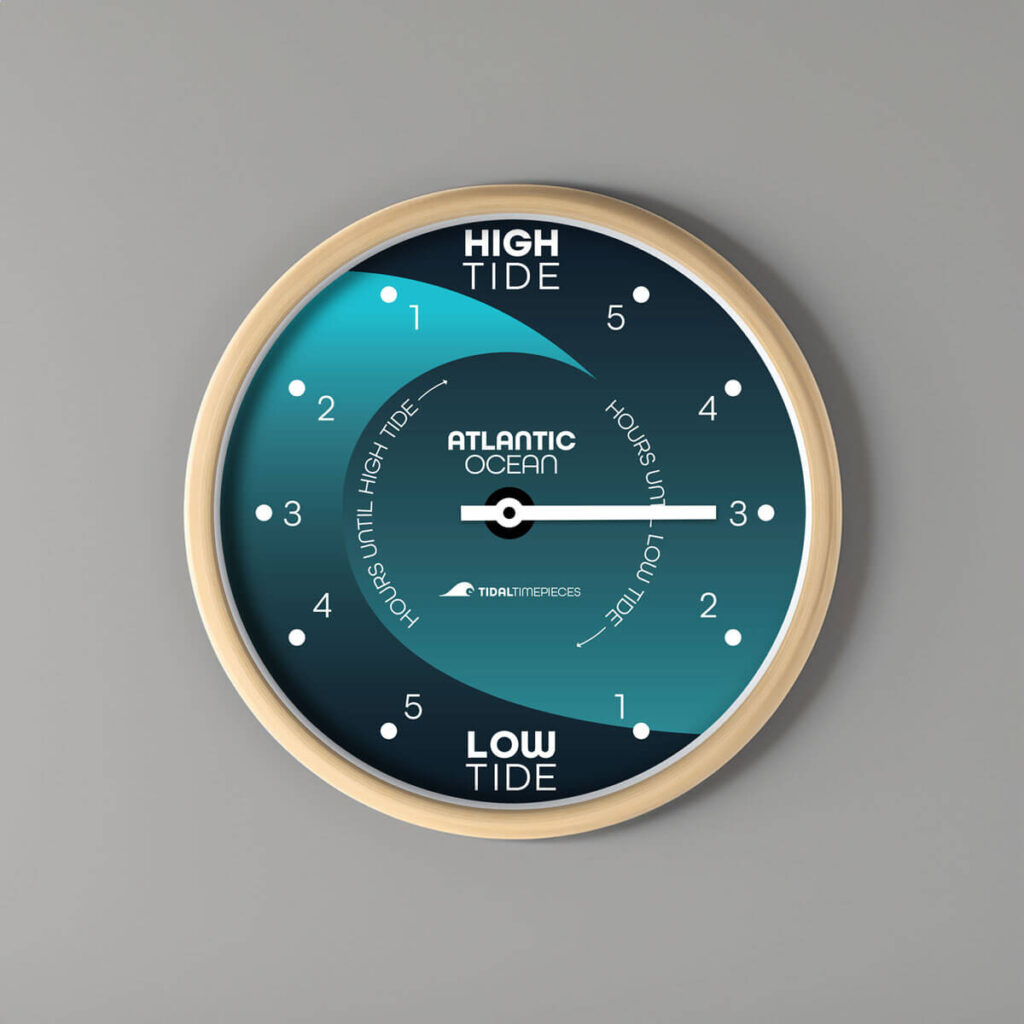 Tidal Timepieces' Dark and Stormy tide clock hanging on a wall.