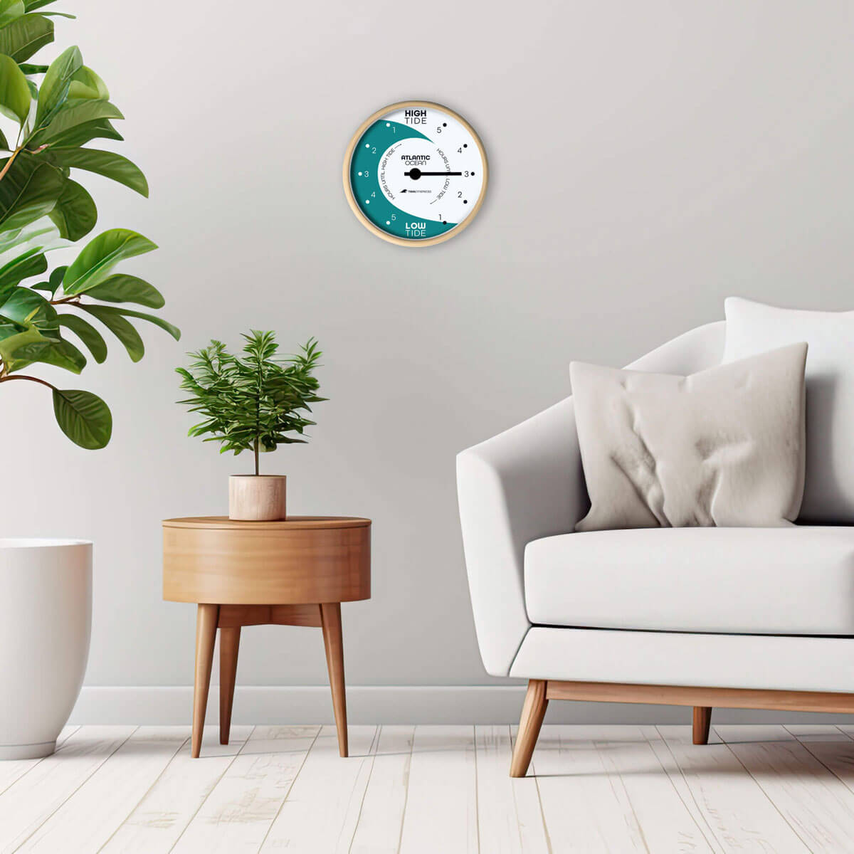 The Tidal Timepiece's Aqua Horizon tide clock hanging in a mid-century modern designed room.