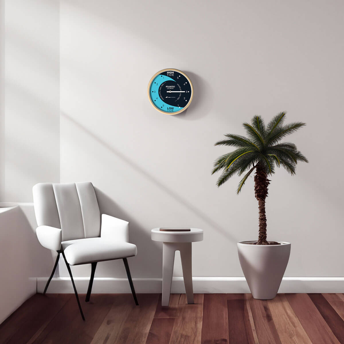 The Tidal Timepiece's Blue Room tide clock hanging in a mid-century modern designed room.