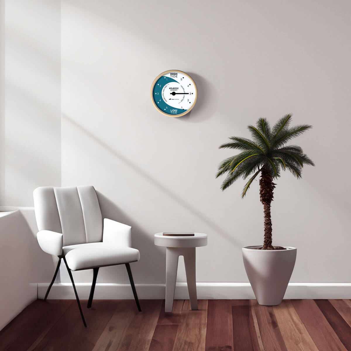 The Tidal Timepiece's Coastal Daybreak tide clock hanging in a mid-century modern designed room.