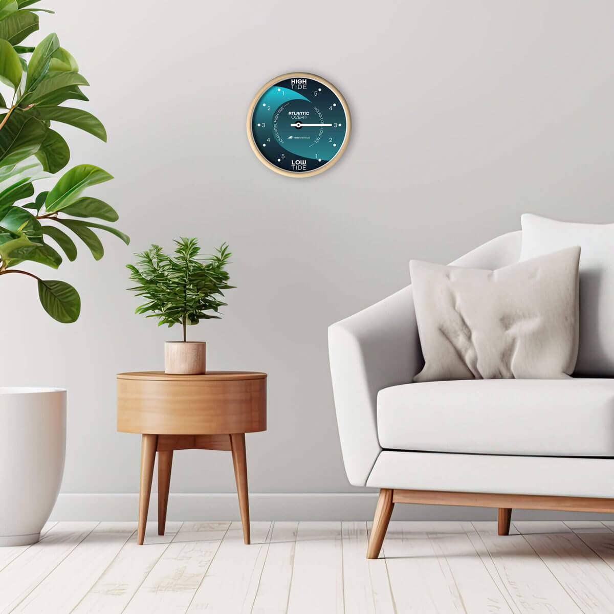 The Tidal Timepiece's Dark and Stormy tide clock hanging in a mid-century modern designed room.