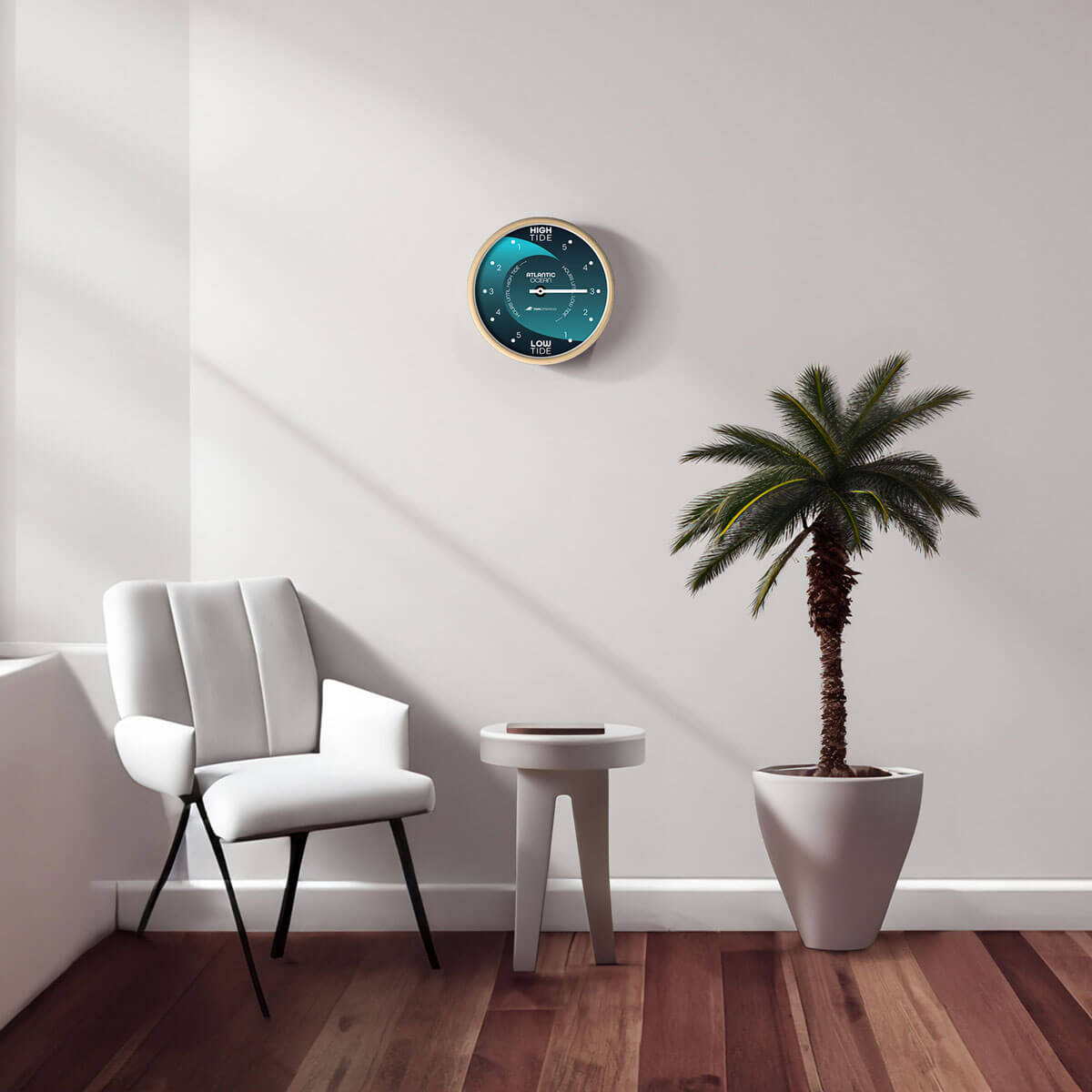 The Tidal Timepiece's Dark and Stormy tide clock hanging in a mid-century modern designed room.