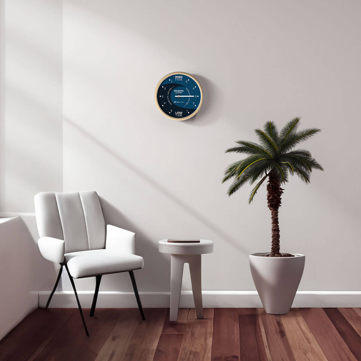 The Tidal Timepiece's Midnight Wave tide clock hanging in a mid-century modern designed room.