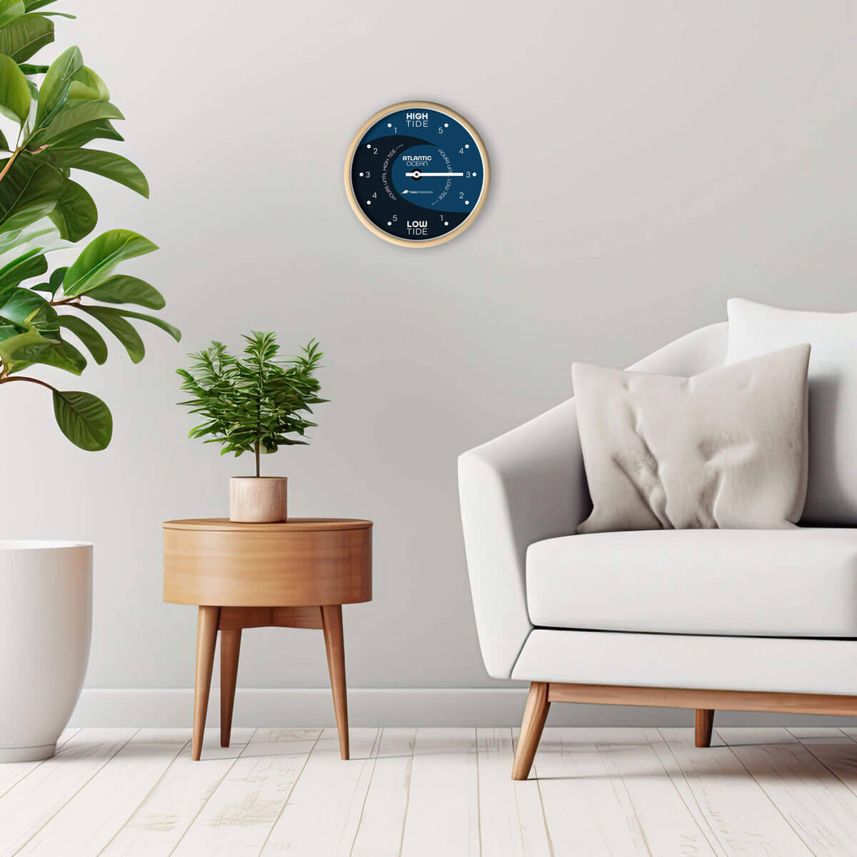 The Tidal Timepiece's Midnight Wave tide clock hanging in a mid-century modern designed room.