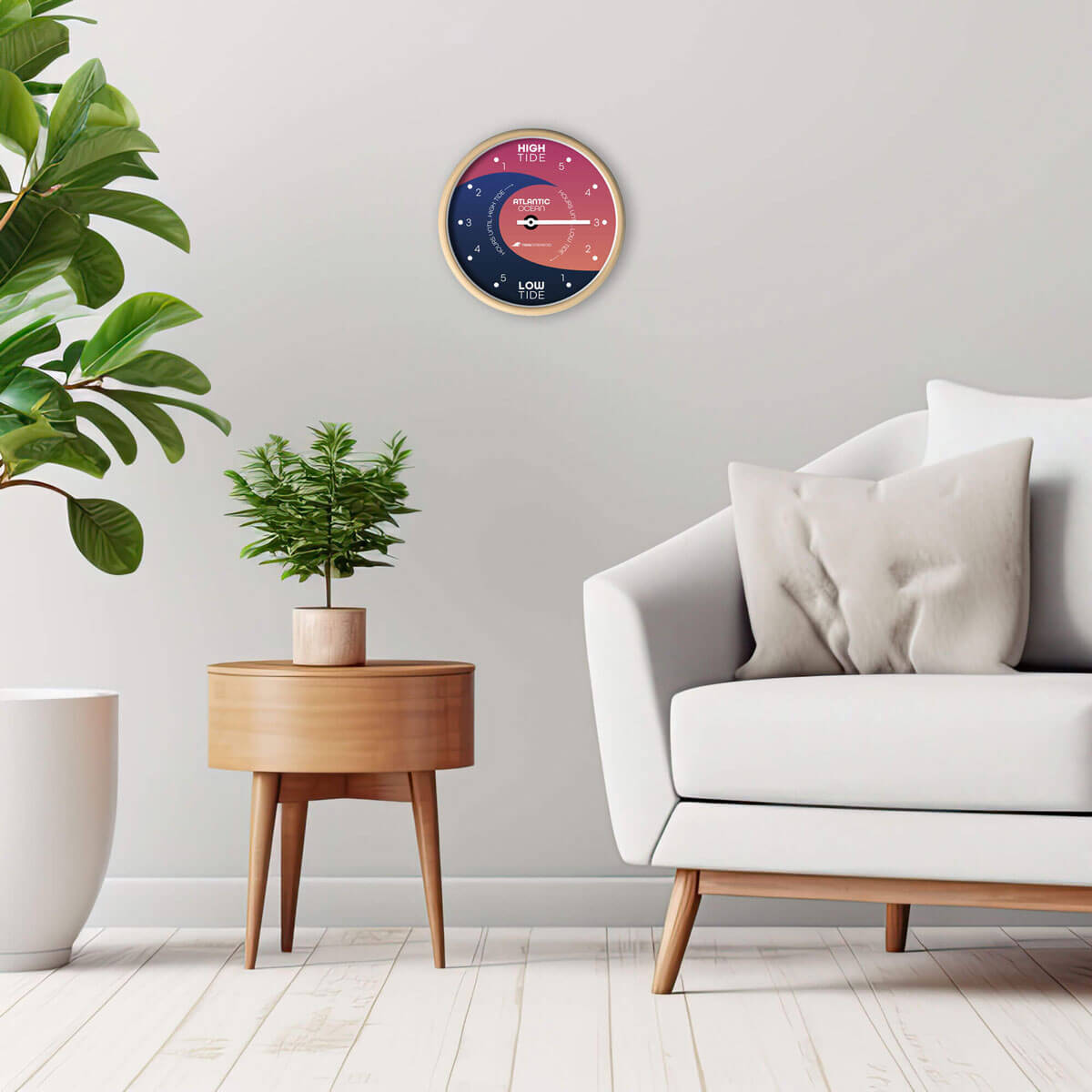 The Tidal Timepiece's Oceanic Sunrise tide clock hanging in a mid-century modern designed room.
