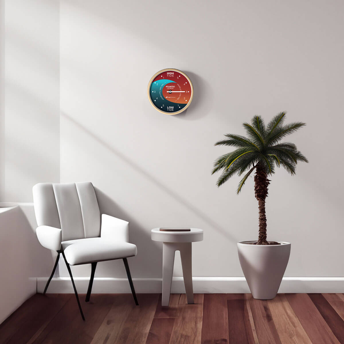 The Tidal Timepiece's Solstice Crest tide clock hanging in a mid-century modern designed room.