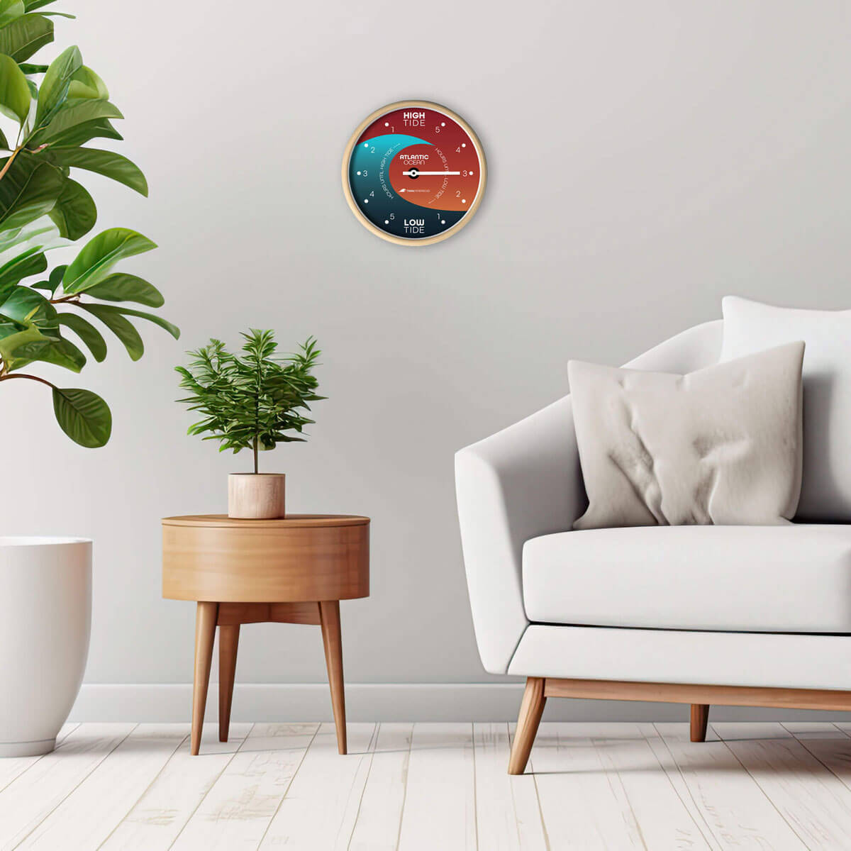 The Tidal Timepiece's Solstice Crest tide clock hanging in a mid-century modern designed room.