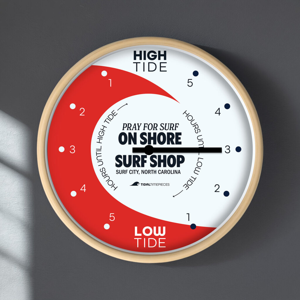 A mockup of a custom clock design for On Shore Surf Shop.